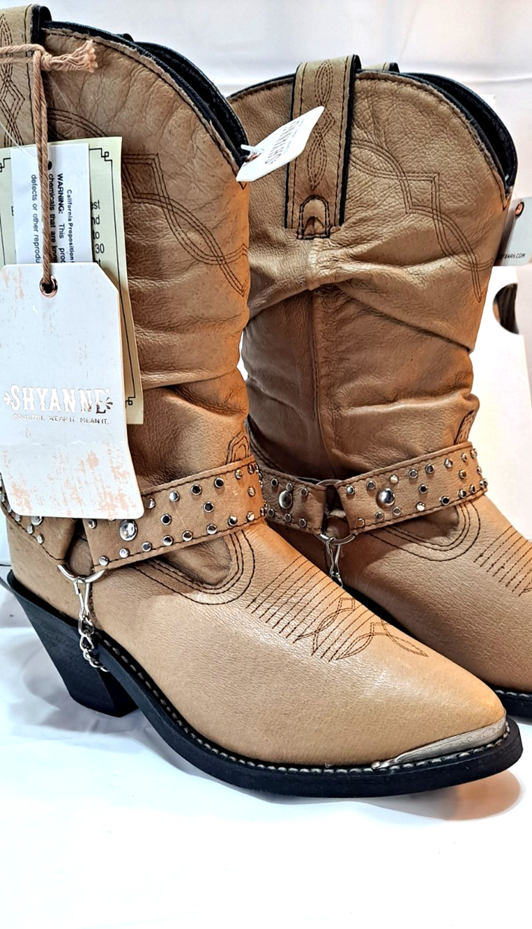 Shyanne Women's Tanya Slouch Harness Fashion Boots Beige Size 6